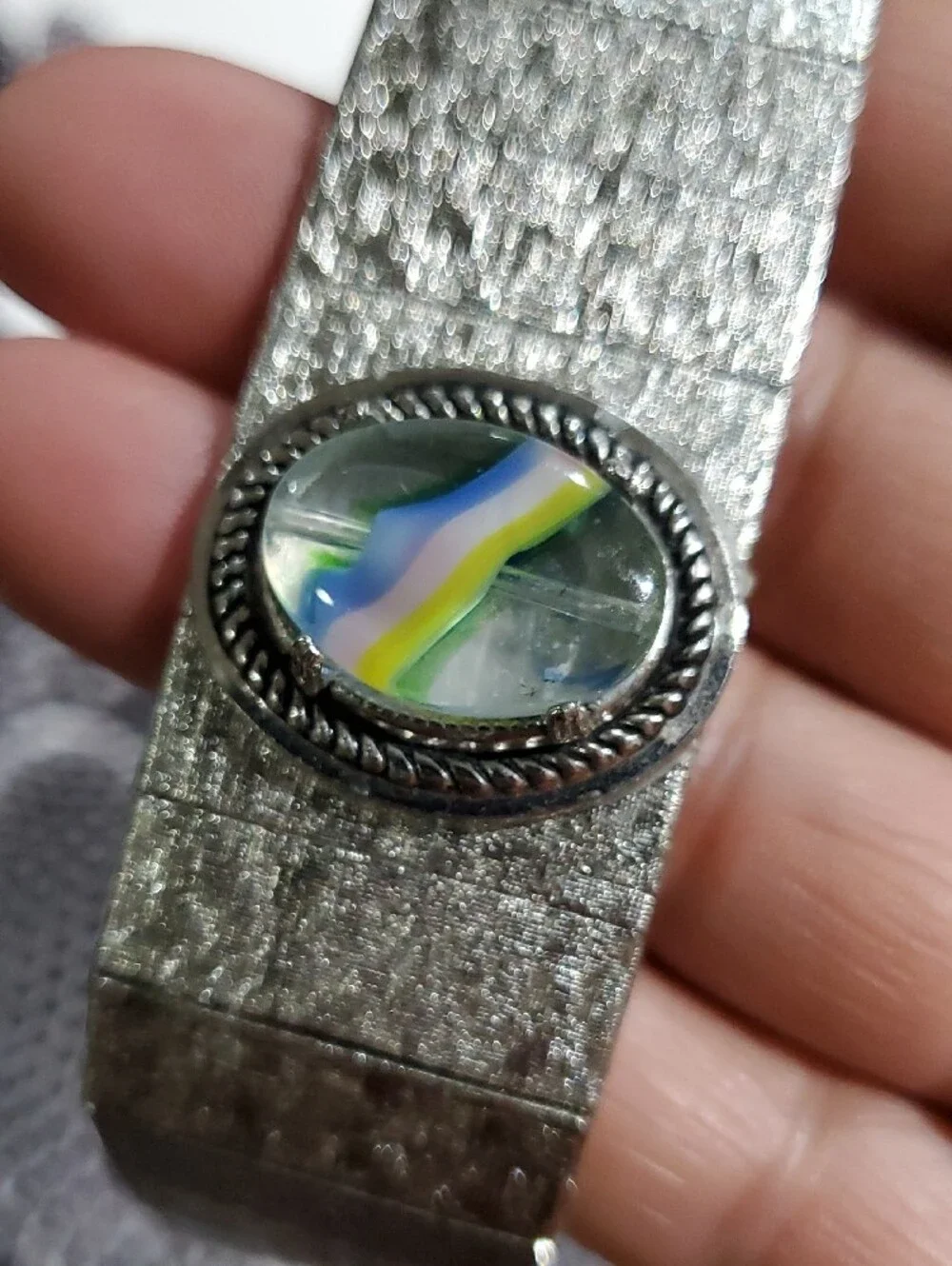 Vintage Silver-Tone Wristband with Multicolor Glass Cabochon Chunky Bracelet